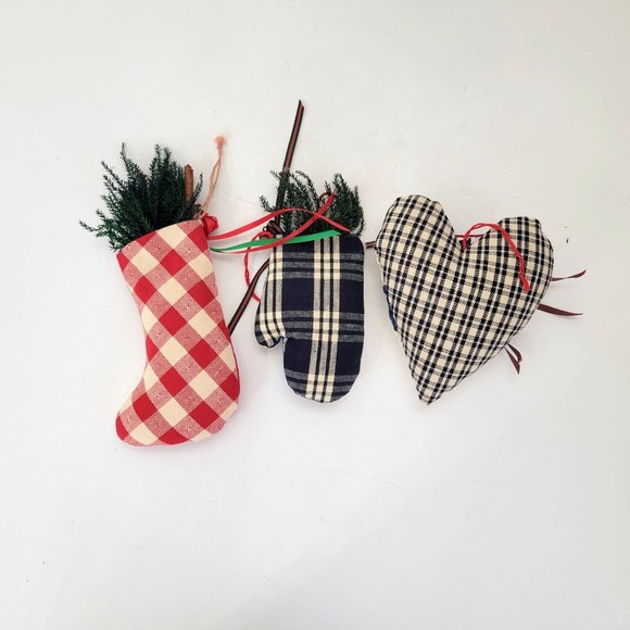 Handmade Country Patchwork Christmas Ornaments Set of Three - Picture 2 of 2